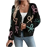 WDIRARA Women's Bow Cardigan Button Down V Neck Long Sleeve Drop Shoulder Knit Sweater