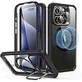 ESR for iPhone 15 Pro Case with Stand, Compatible with MagSafe, Full-Body Military-Grade Drop Proof Case with Built-in 9H+ Tempered Glass Screen Protector, Armor Series, Clear Black