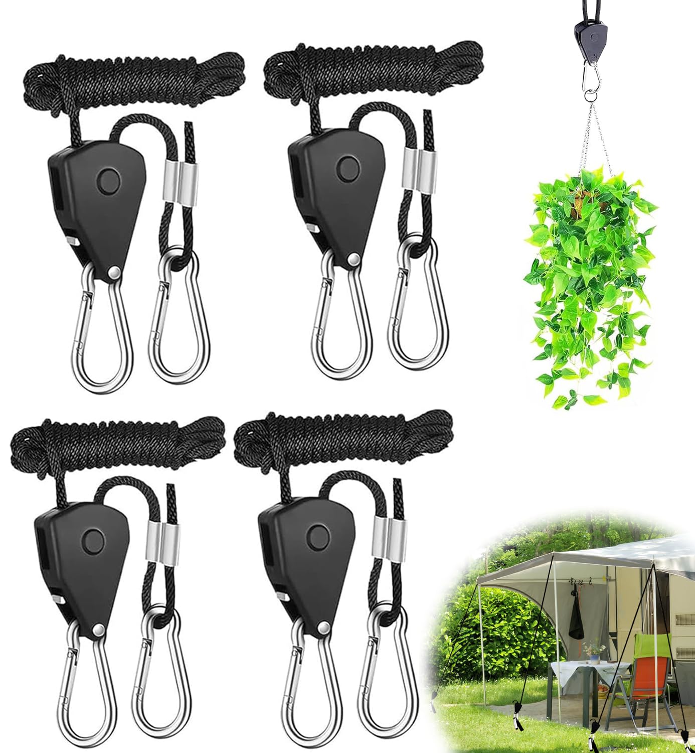 ZLLZPZD 4 Pack Rope Ratchet, Ratchet Hangers 2M Adjustable Rope Tensioner Tent Tensioner Hang Pulley Tension Rope 1/8 Inch for Plant Fan Light Indoor Plants Tent Camping (Black)
