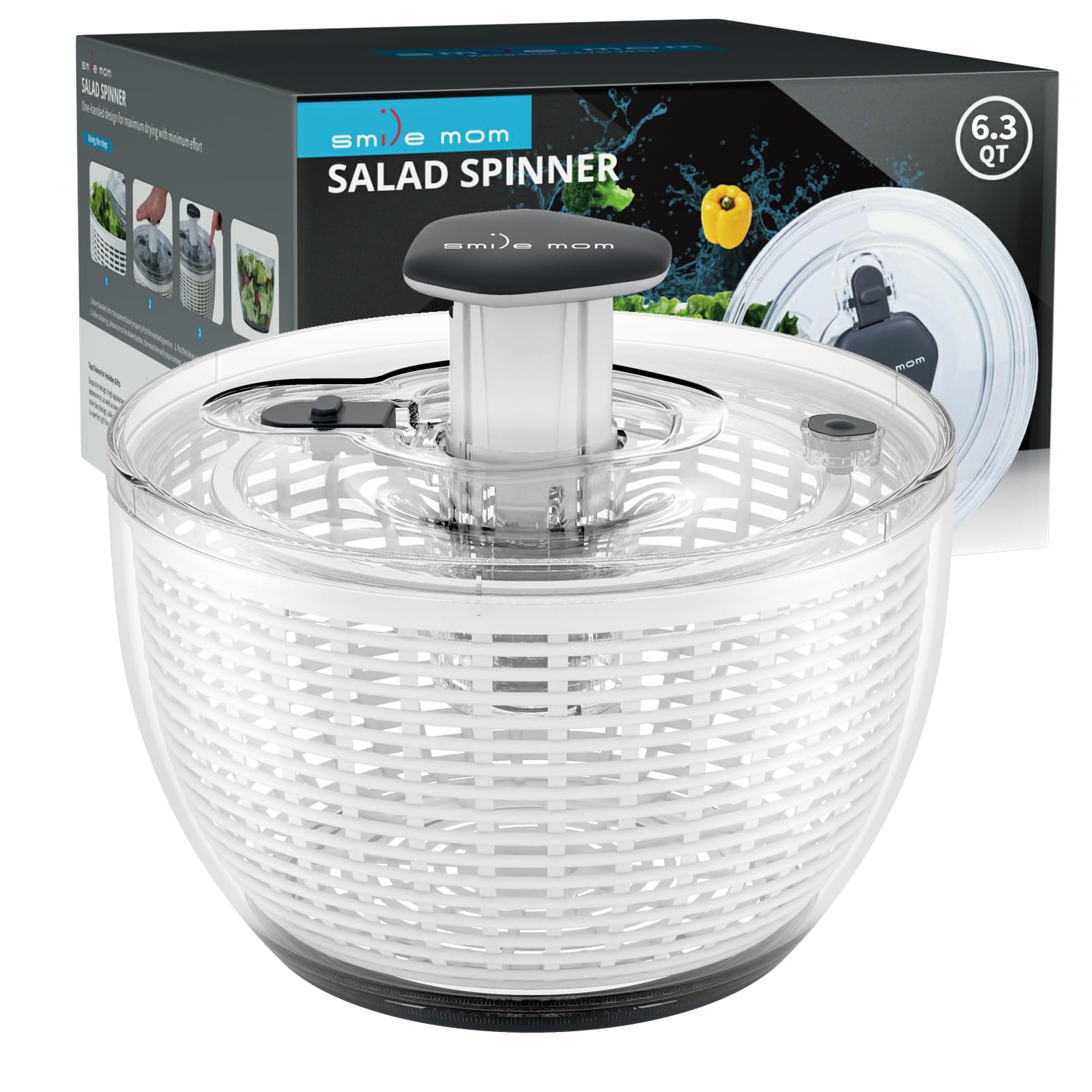 Photo 1 of **SELLING FOR PARTS** Smile mom Salad Spinner Large Lettuce Spinner Kitchen Gadgets, Large Salad Spinner Vegetable Washer, High Efficiency for Kitchen Washing & Drying Leafy Vegetables, One-Handed Easy Press 6.3 Qt White