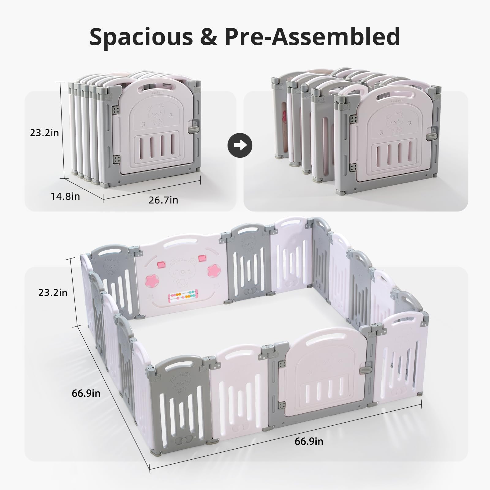 Uanlauo Baby Playpen, 18 Panel Foldable Play Yard for Toddlers, Easy Assemble Safety Baby Fence (Grey+White)