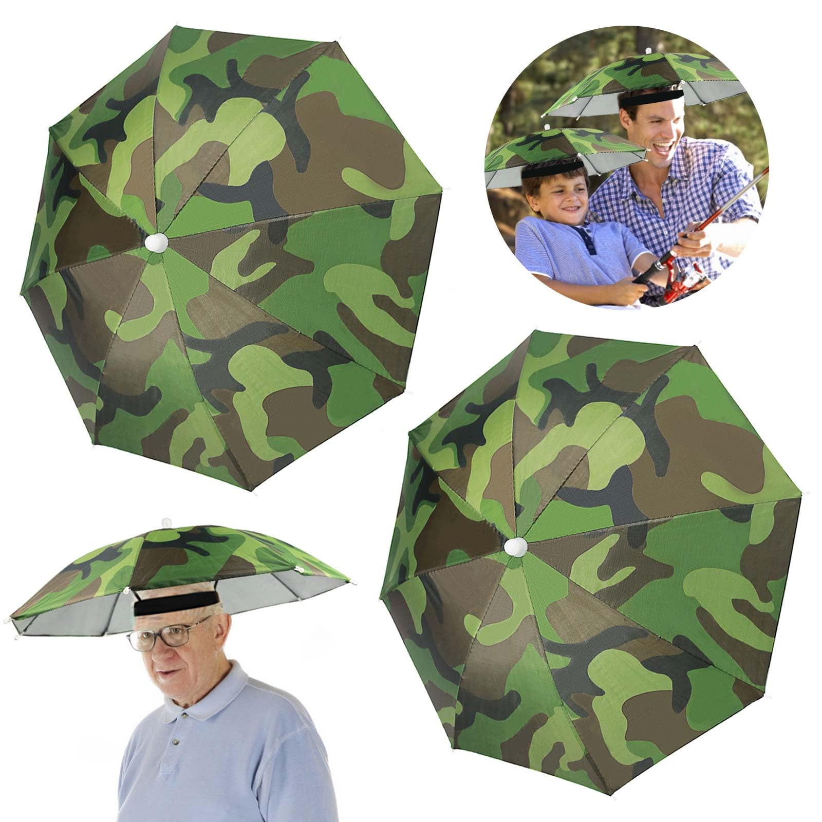 Realure 2 Pcs Head Umbrella Hats with Elastic Bands, Camo Funny Umbrella Hat, Mini Portable Hands Free Fishing Caps, Outdoor Sun Rain Hats for Women, Adult & Kids