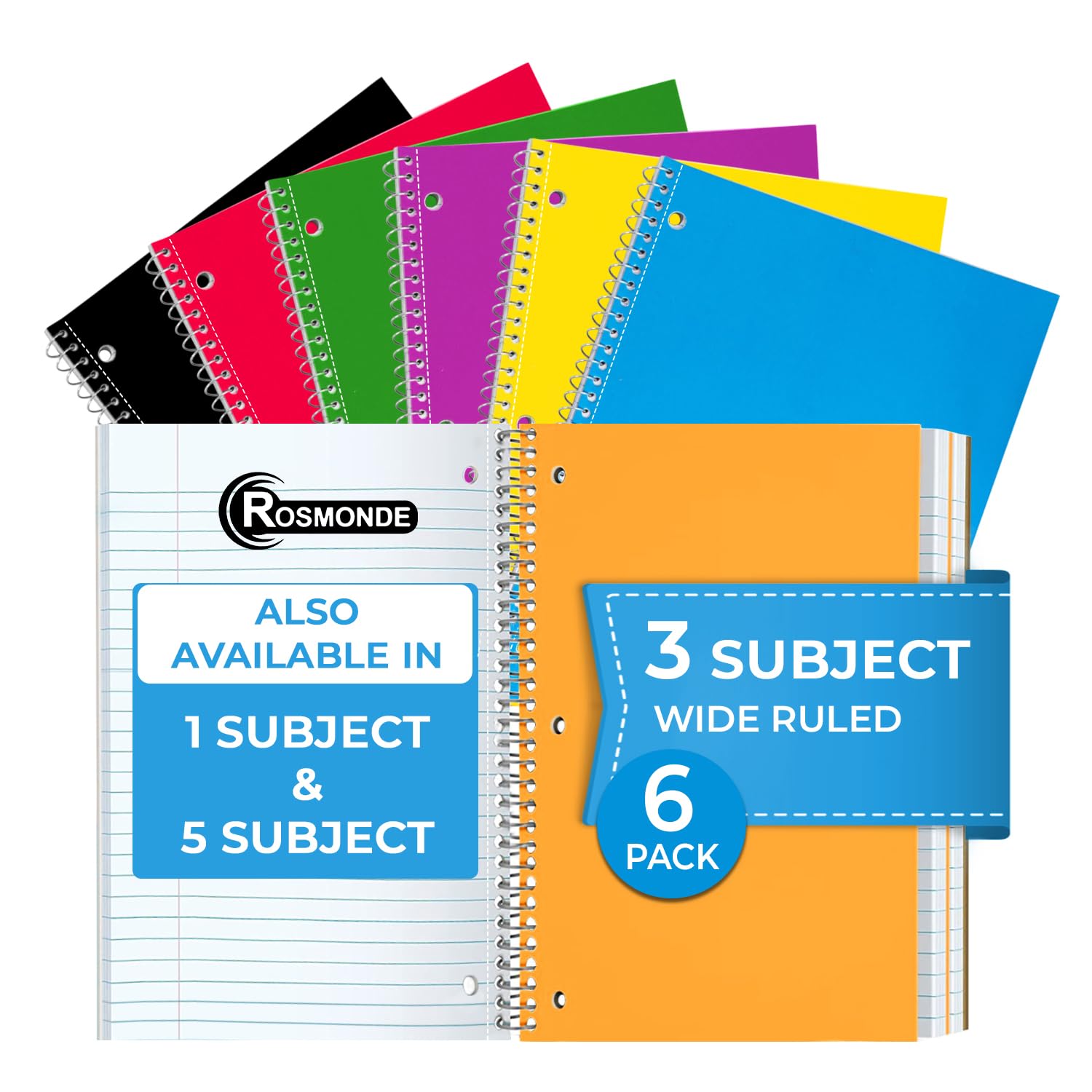 Photo 1 of Rosmonde 3 Subject Notebook Wide Ruled, 6 Pack, Long Lasting, Extra Pages - 300 Pages (150 Sheets)
