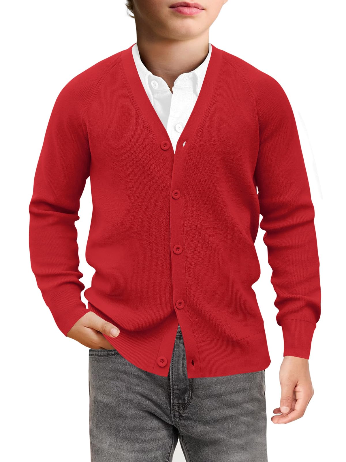 Photo 1 of Haloumoning Boys Cardigan Sweater Kids Casual V Neck Button Down Uniform Sweaters 5-14 Years Red