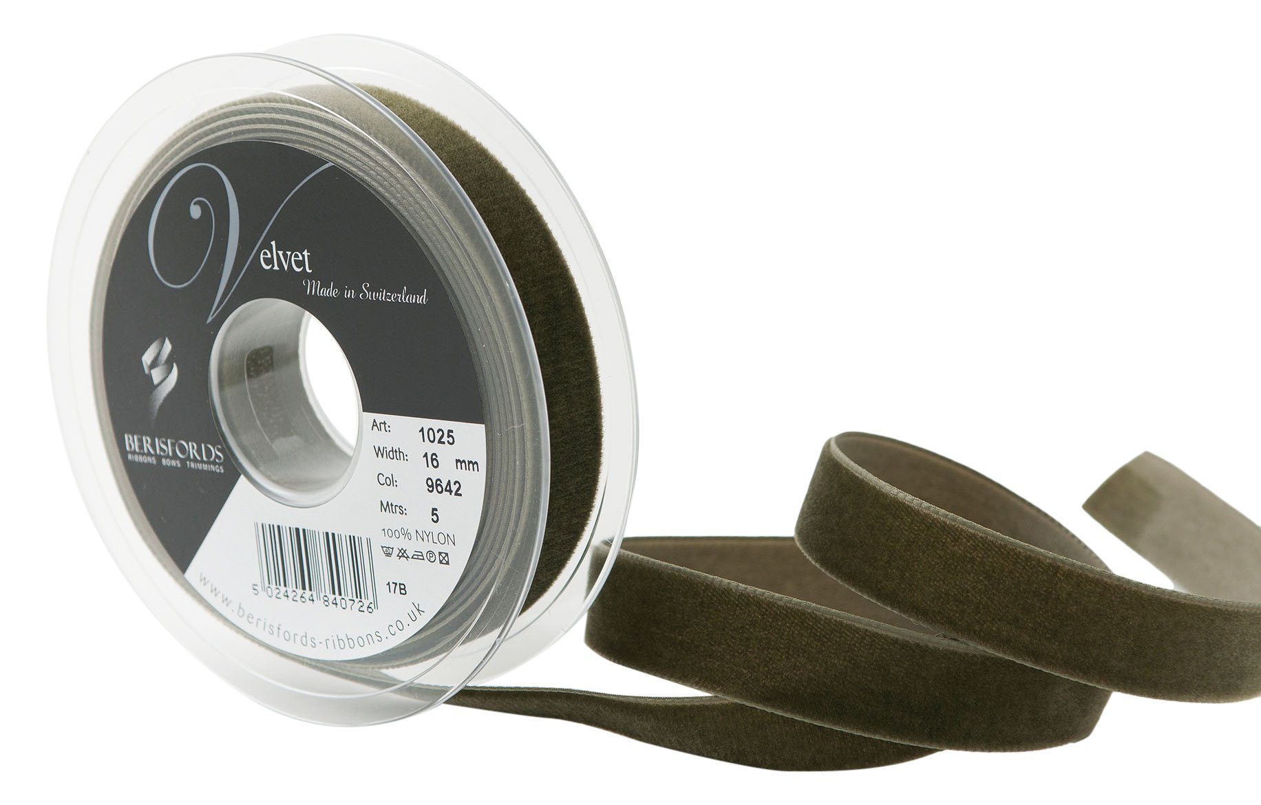 Berisfords Velvet Ribbon, Loden Green, 102 x 21 x 102 cm