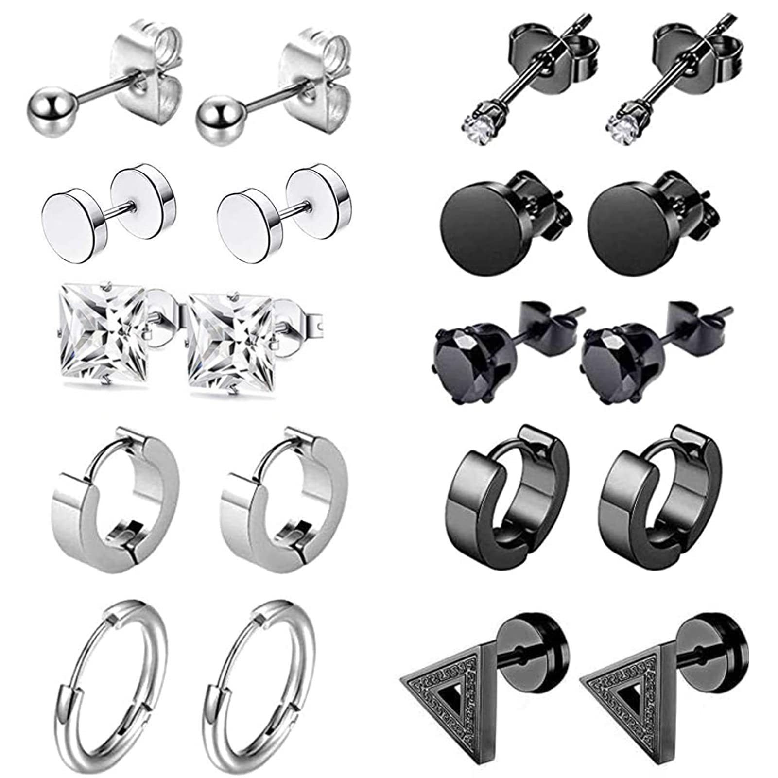 10 Pairs Stainless Steel Stud Earrings, 2mm-6mm Zirconia Stud Earring Womens Ear Studs Boys Earrings Male Unisex Screw Stud Earring for Women Men (White & Black)