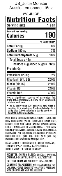 MONSTER ENERGY JUICE AUSSIE STYLE LEMONADE, ENERGY + JUICE, 16 OZ (PACK OF 15)