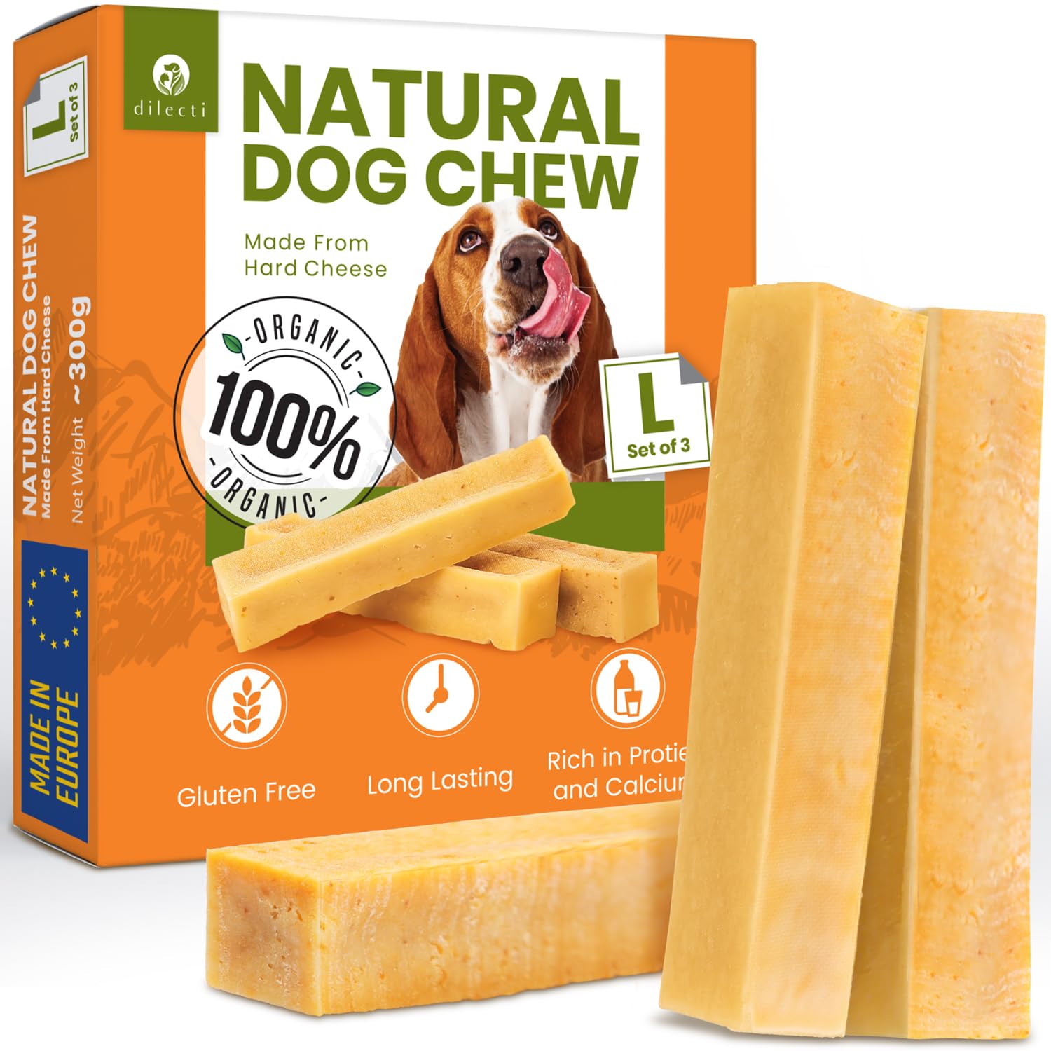 Dilecti Natural Cheese Bones - Delicious Long Lasting Dog Chews for Large Dogs, Dog Treats for Dental Care, Dental Sticks for Healthy Teeth, Hard Cheese Bone Chew Toys, Yak Chew - L Size, 3 Pack