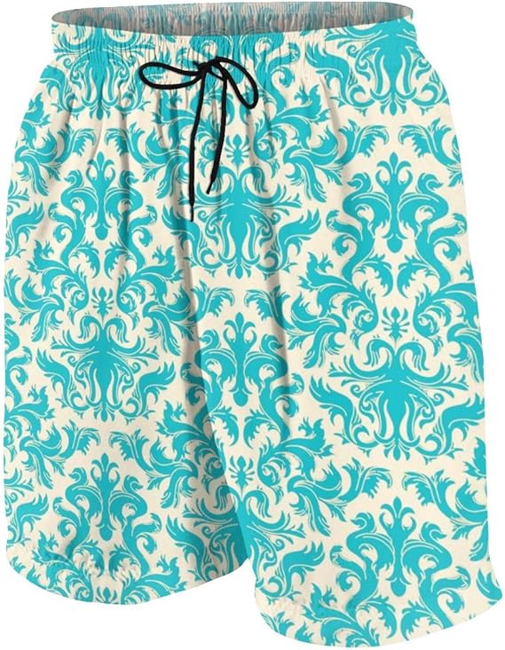 Amazon Co Jp 水着 メンズ おしゃれ サーフパンツ ティールターコイズクラシックダマスク柄ヴィンテージフランス花まんじ 海パン 人気 スイムパンツ 短パン ビーチパンツ サーフトランクス 水陸両用 旅行 速乾 服 ファッション小物