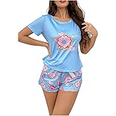WDIRARA Women's 2 Piece Pajama Set Cute Cartoon Graphic Short Sleeve Sleepwear Shorts Pjs Set