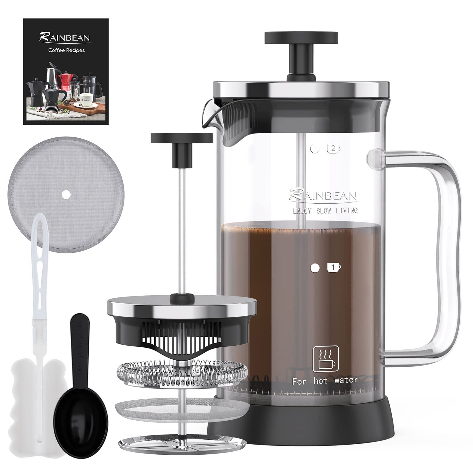 RAINBEAN Cafetiere Coffee Maker 2 Cups/350ml, Small French Press Coffee Maker - Heat Resistant Stainless Steel Filter Coffee Press (Glass Body & Glass Handle)