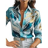 WDIRARA Women's Marble Print Button Down Long Sleeve Shirt Collar Blouse Top