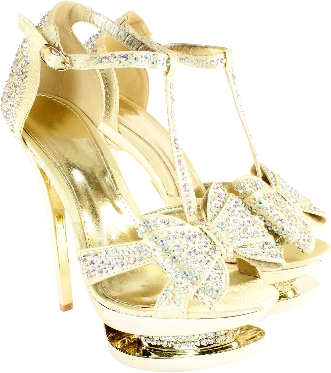 Amazon.com | Womens Diamante Bow Platform High Heel Party Shoes - Gold - 10 | Pumps