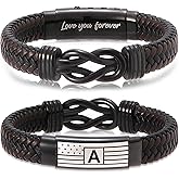 Mens Bracelet with Engraved Flag & “Love You Forever” Message – Adjustable Leather Bracelet with Initial Clasp, Gift Boxed – Stylish Pulseras Para Hombres, Initial Bracelet for Boyfriend, Son, Husband