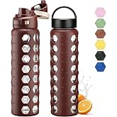MUKOKO 32 oz Glass Water Bottle with 2 Lids, Cherry, 1 Pack | 1 Liter Glass Tumbler with Straw, Silicone Sleeve, Leak Proof, Reusable Drinking Bottles, For Sports and Travel