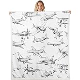 Homewish Airplane Throw Blanket Aircraft Blankets for Kids Girls Boys Teens Bedroom Decor Black White Sketch Print Fleece Blanket Flying Theme Sherpa Blanket,for Chair/Sofa,50"×60"