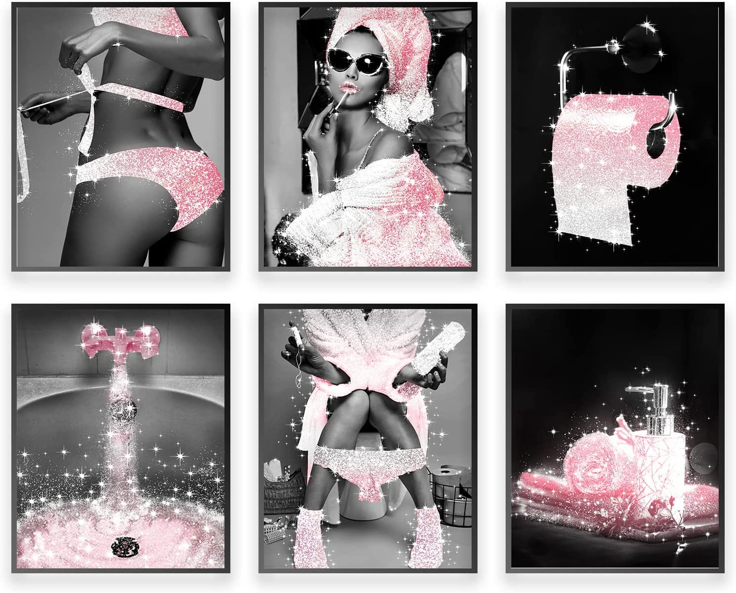 MKHFUW Bathroom Poster of Modern Women, Fashionable Bathroom Wall Decoration, 6-Piece Set, Bathroom Art, Frameless (Pink-4.30 x 40 cm x 6)