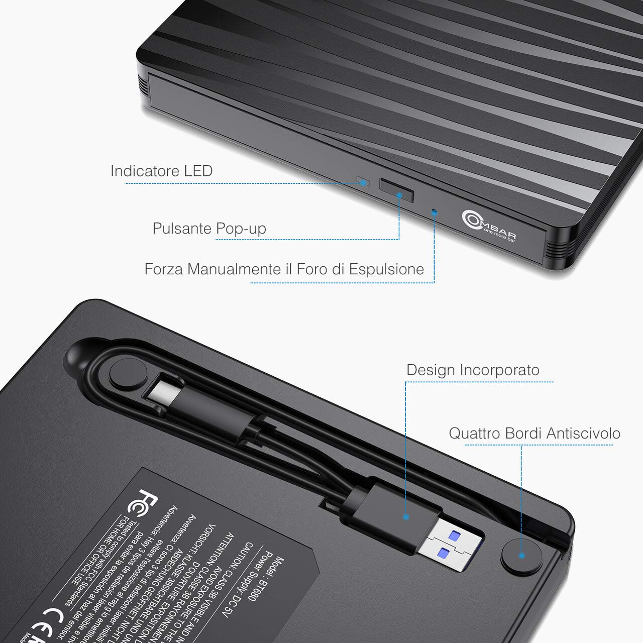 OMBAR Unità Ottica Esterna CD DVD , USB 3.0 e Tipo-C Dual Port Adatto per Laptop, Desktop, Mac, Macbook, IOS, Windows 10/8.1/7 e Linux, Nero