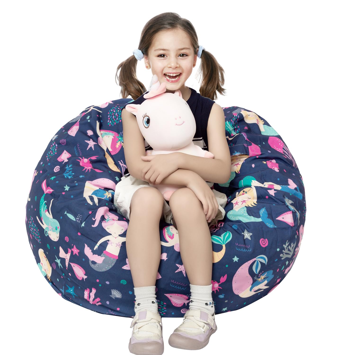 Round Bean Bag Cover Only without Filling, Large Stuffed Animal Bean Bag Storage, Bean Bag Chair Cover, Beanbag Covers with no Filling for Kids and Teens (Mermaid, Large)
