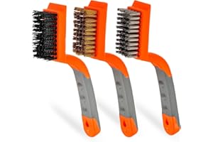 SANJIAN Wire Brush Cleaning Brush Set,Heavy Duty Nylon/Brass/Stainless Steel Scratch Brushes for Rust,Dirt & Paint Scrubbing,7.2 Inches Stripper Brush with Soft Wide Curved Handle Grip 3Pcs