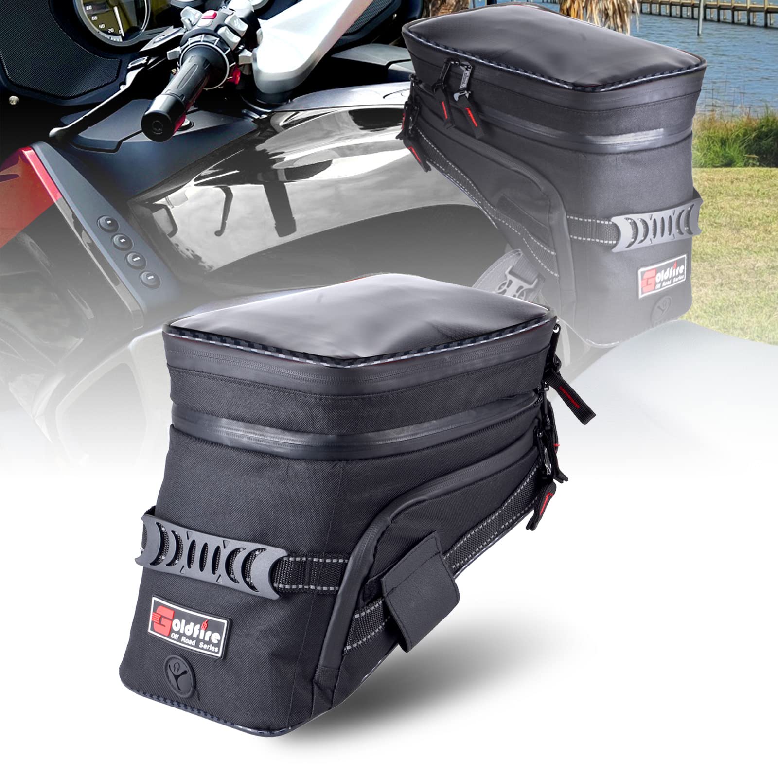 Photo 1 of Goldfire Motorcycle Tank Bag Expandable ADV Gas Oil Fuel Tank Saddle Bag with Strong Strap Mount Water Resistant Motorcycle Storage Bag(Black)