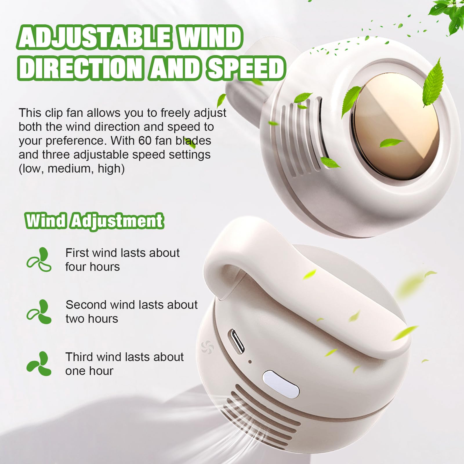 Wshxjzyay Portable Silent Mini Bladeless Fan Clip on, Portable Silent Mini Bladeless Electric Fan, For Outdoor & Travel & Office, Travel Accessories, Gift, Adjustable 3-Speed (Type-c, White)