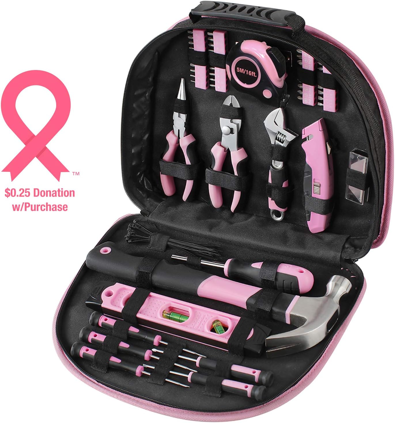 WORKPRO 103-Piece Pink Tool Kit - Ladies Hand Tool Set with Easy Carrying Round Pouch - Durable, Long Lasting Chrome Finish Tools - Perfect for DIY, Home Maintenance - Pink Ribbon - - 