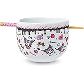 Silver Buffalo Sanrio Hello Kitty and Friends Kuromi Chocolate and Cherry Ceramic Ramen Noodle Rice Bowl with Chopsticks, Microwave Safe, 20 Ounces