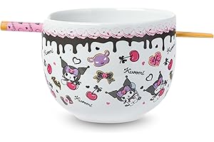 Silver Buffalo Sanrio Hello Kitty and Friends Kuromi Chocolate and Cherry Ceramic Ramen Noodle Rice Bowl with Chopsticks, Mic