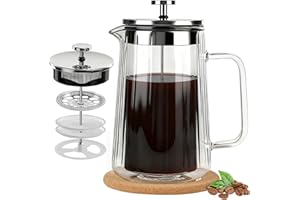 CHDEXU Glass French Press Coffee Maker 34oz, Double Wall Heat-Resistant Borosilicate Glass Coffee Press with Stainless Steel 