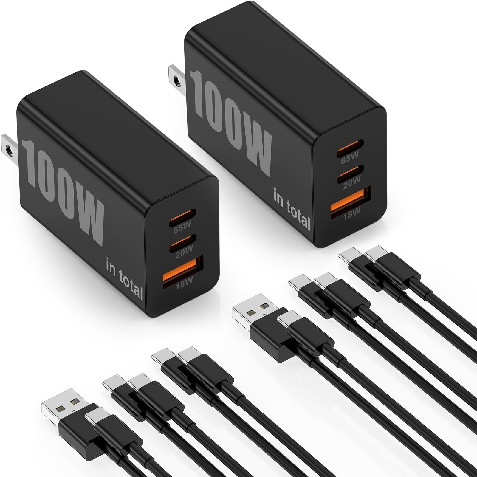 USBC Super Fast Charger 100W(in Total), 3-Port Typc-C Charging Block 65W for Samsung Galaxy S26 Ultra/S25/S24,Tab,MacBook, iPhone 17/16/15 Pro Max,+,iPad Air,Android, 3+3FT USB &6+6+8+8FT USBC Black