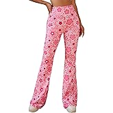 OYOANGLE Women's Floral Print High Waist Yoga Pants Wide Leg Pants Bell Bottom Trousers