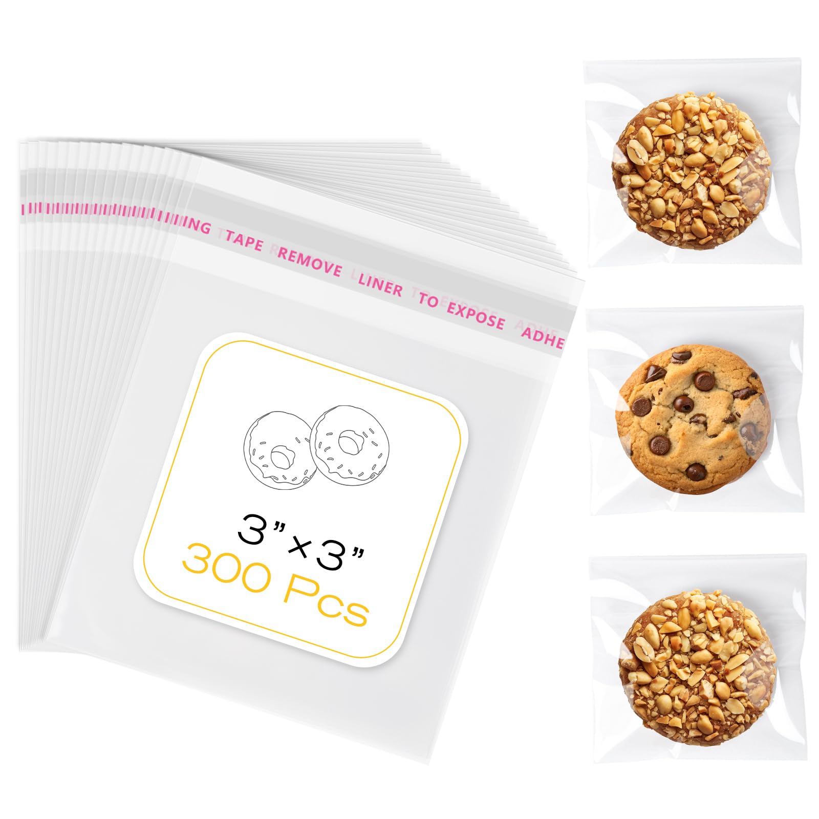 Photo 1 of 300 Pcs Clear Self Sealing Cellophane Bags, 3x3 Inches Cookie Bags Resealable Cellophane Bag for Packaging Cookies, Candy, Gifts, Favors and Products, 3 Mils Individual Self Adhesive Wrappers