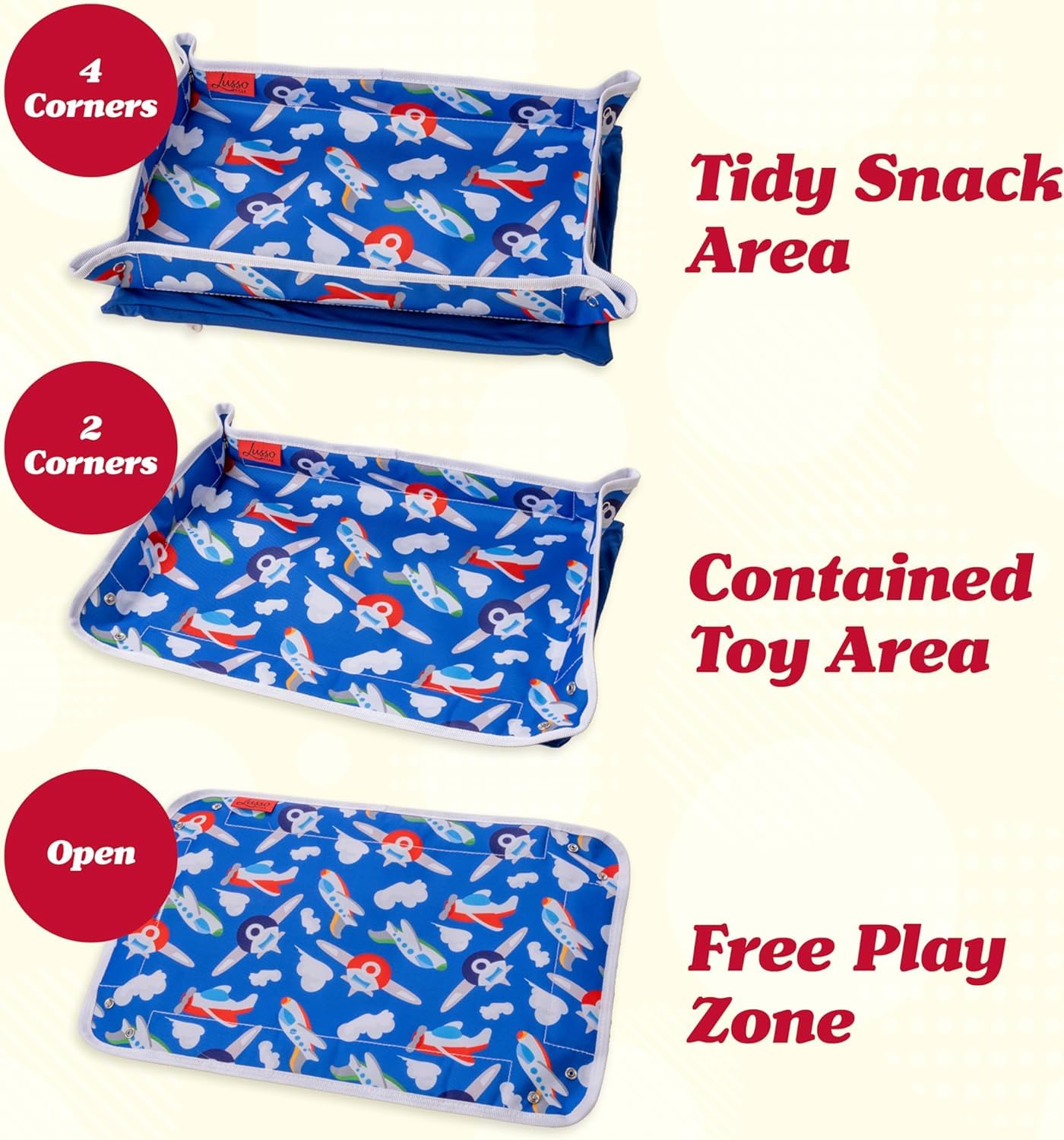 Lusso Gear Airplane Tray Table Cover - Organize Kids Travel Essentials - Snack & Toy Pockets for Airplane Toys for Toddlers 1-3 - Foldable Tablet Stand for Travel Toddler Essentials - Plane Pattern