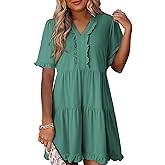Dokotoo Women's V Neck Short Sleeve Tiered Ruffle Mini Skater Dress Casual Summer Swing Tunic Dress