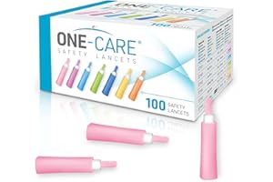 ONE-CARE Safety Lancets, 30G x 1.5mm, Push Button Activation, Gentle, Pre-Loaded, 3-Steps Only, Diabetes Testing, Sterile, Finger Self Prick Device, Glucose Monitor, Single Use, 100/Box