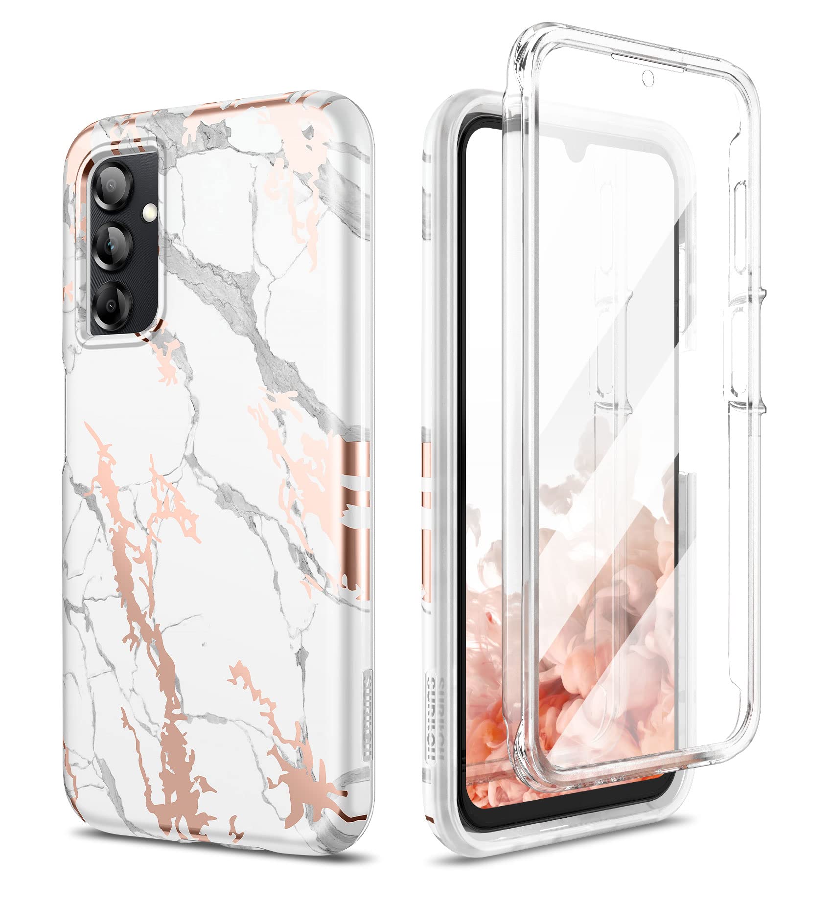 Photo 1 of SURITCH for Samsung Galaxy A14 5G Case, [Built-in Anti-Scratch Screen Protector] 360° Full Body Protection Shockproof Rugged Bumper Phone Cover for Samsung A14 5G 6.6 Inch - White Marble