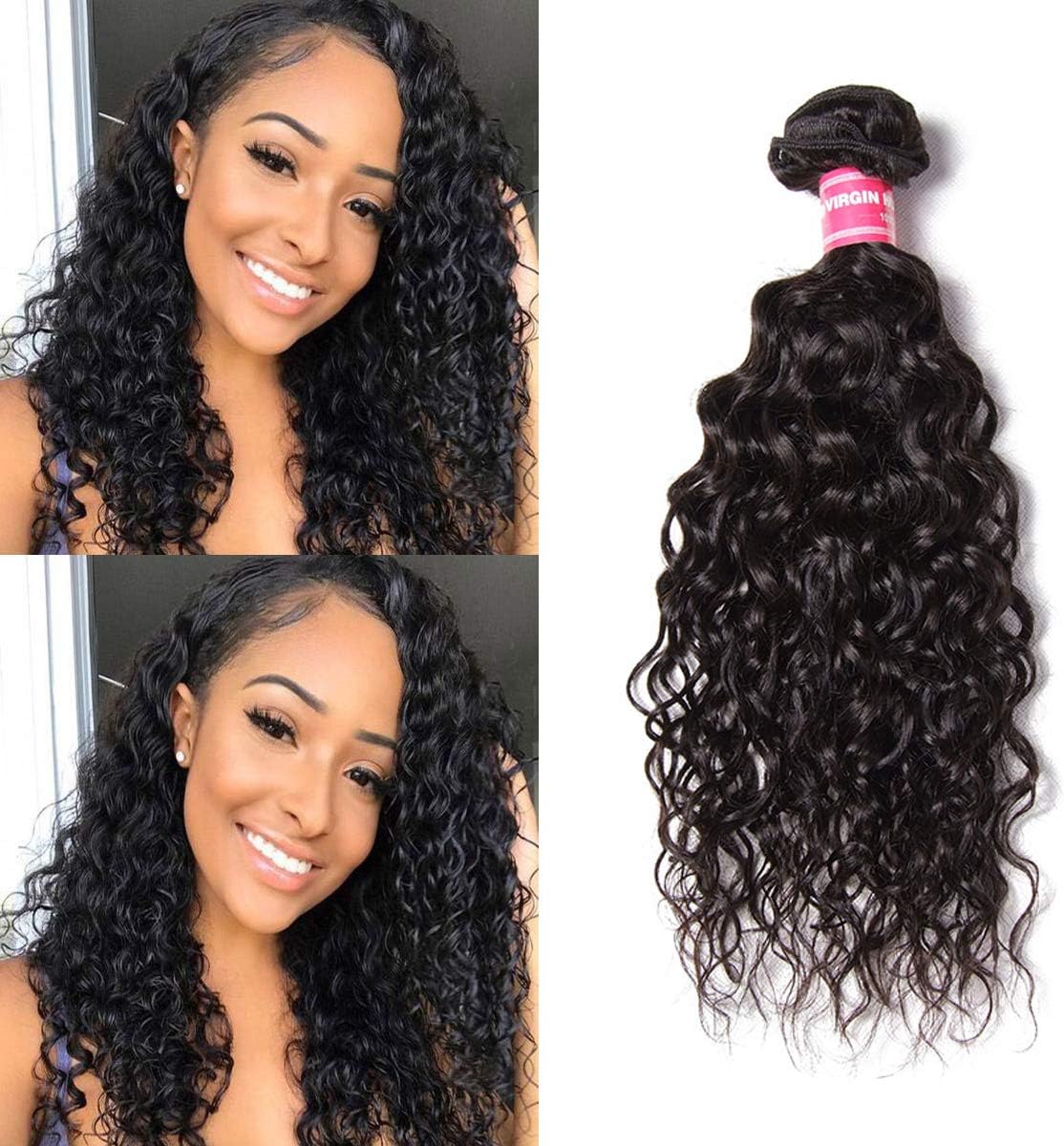 Longqibeauty Brazilian Water Wave Virgin Hair Single Bundle, Remy Human Hair Weave Unprocessed Hair Bundle Double Weft One Bundle 100g Natural Black Color (24 Inch)