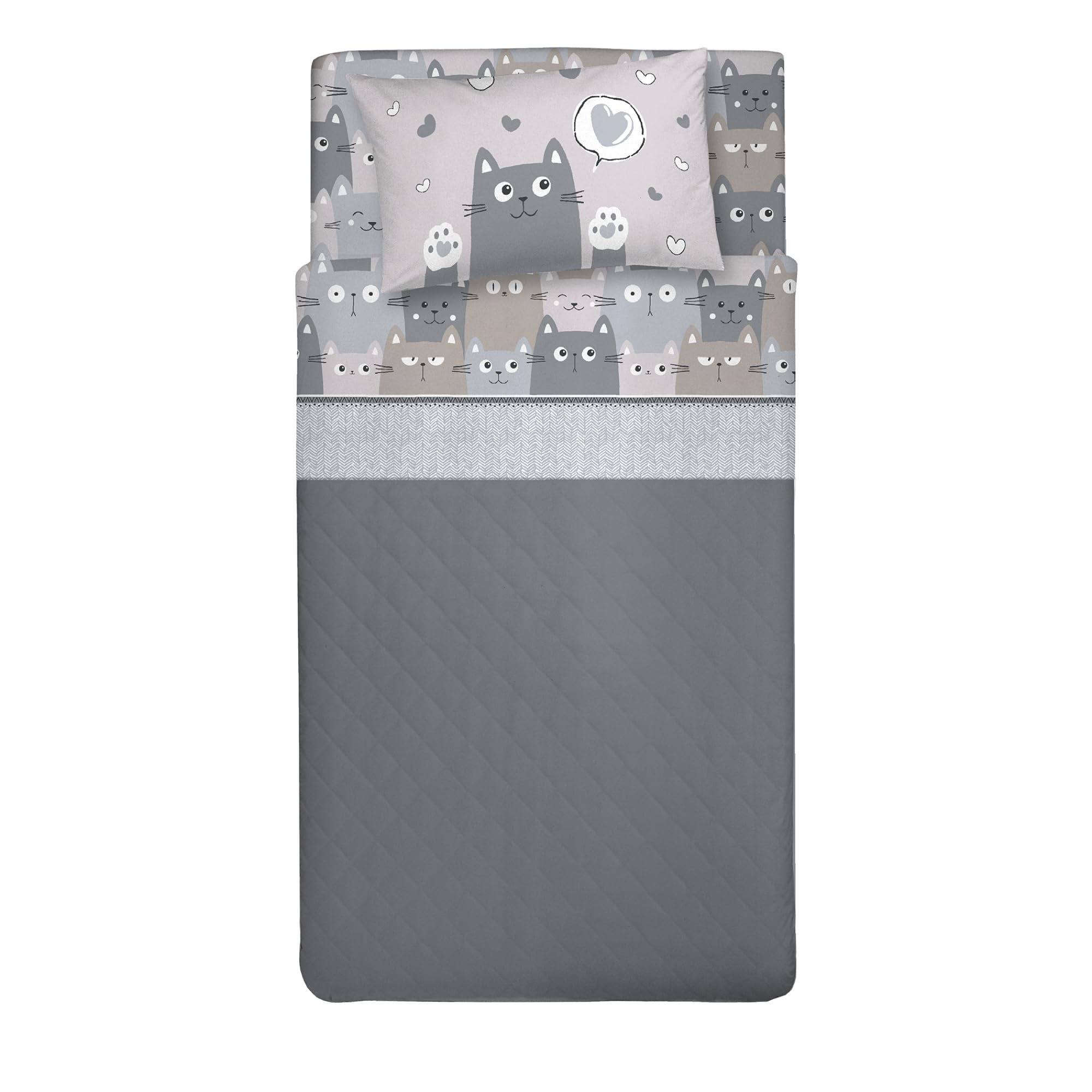 PENSIERI DELICATI 100% Cotton Double Bed Set, 120 x 200 cm, Complete with Bottom Sheet, Top Sheet and 1 Pillowcase, Made in Italy, Happycat Grey Design — image 1