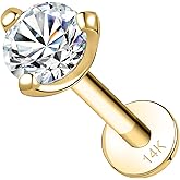 SYLWIA 14K Real Gold Lip Rings Stud, 16g Internally Thread Ashley Piercing Lip Jewelry, Simulated Diamond CZ - 2.5mm 3mm, 18g Nose Conch Helix Tragus Labret Stud for Women Men