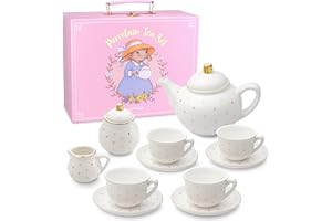 GIGGLE & HONEY Porcelain Tea Set for Girls - White with Gold Polka Dots Tea Party Set for Kids I Complete Children Tea Sets with Carry Case, Teapot, Cups and More, Birthday Gift for Little Girls & Toddlers