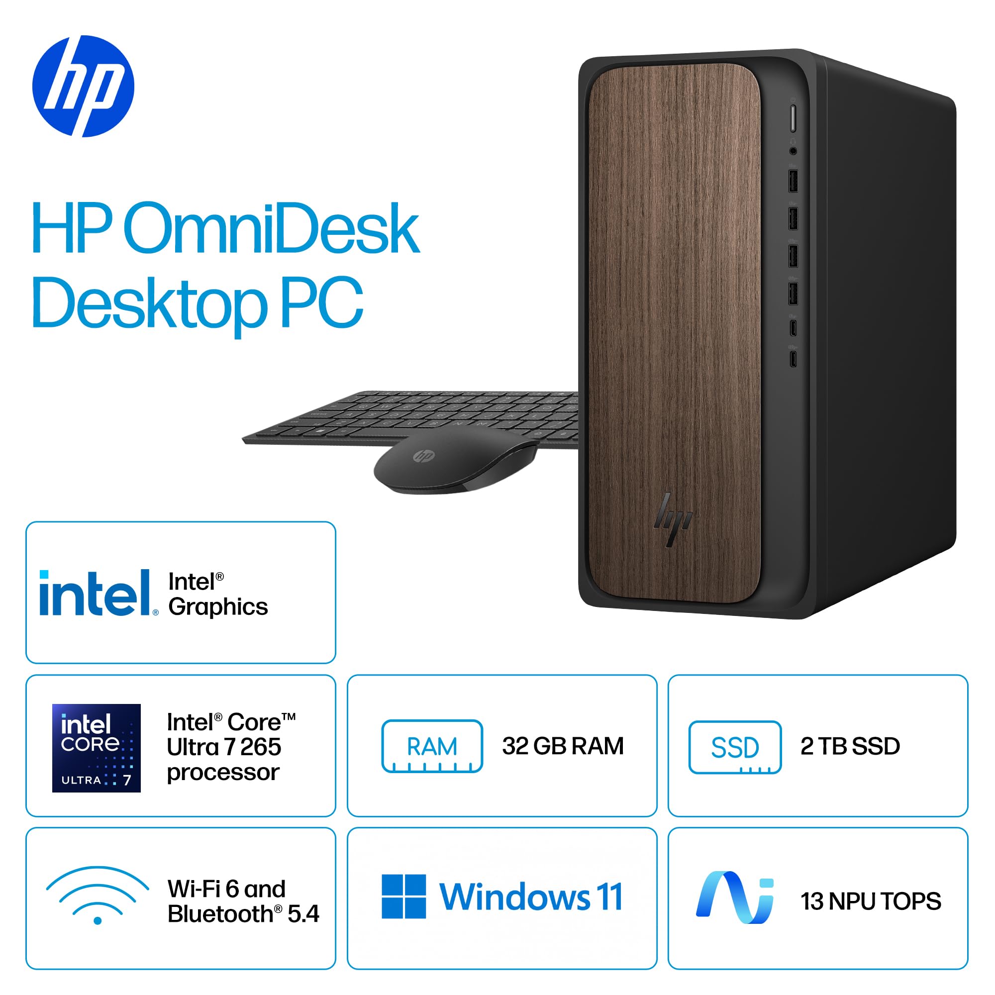 HP OmniDesk Desktop PC, Intel Core Ultra 7 265, 32 GB RAM, 2 TB SSD, Intel Graphics, Windows 11 Home, Microsoft Copilot, Dark Wood, M03-0060 (2025)