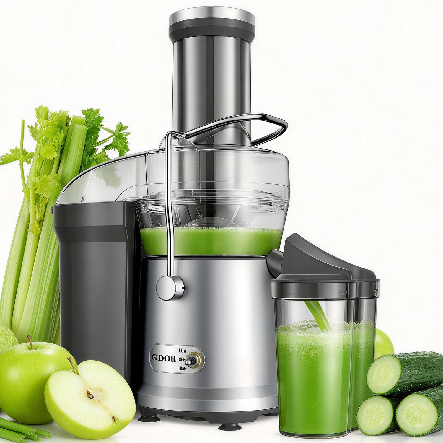 Photo 1 of GDOR Powerful 1200W Juicer with Larger 3.2" Feed Chute, Titanium Enhanced Cutting System, Centrifugal Juice Extractor Maker with Heavy Duty Full Copper Motor, Dual Speeds, BPA-Free, Silver