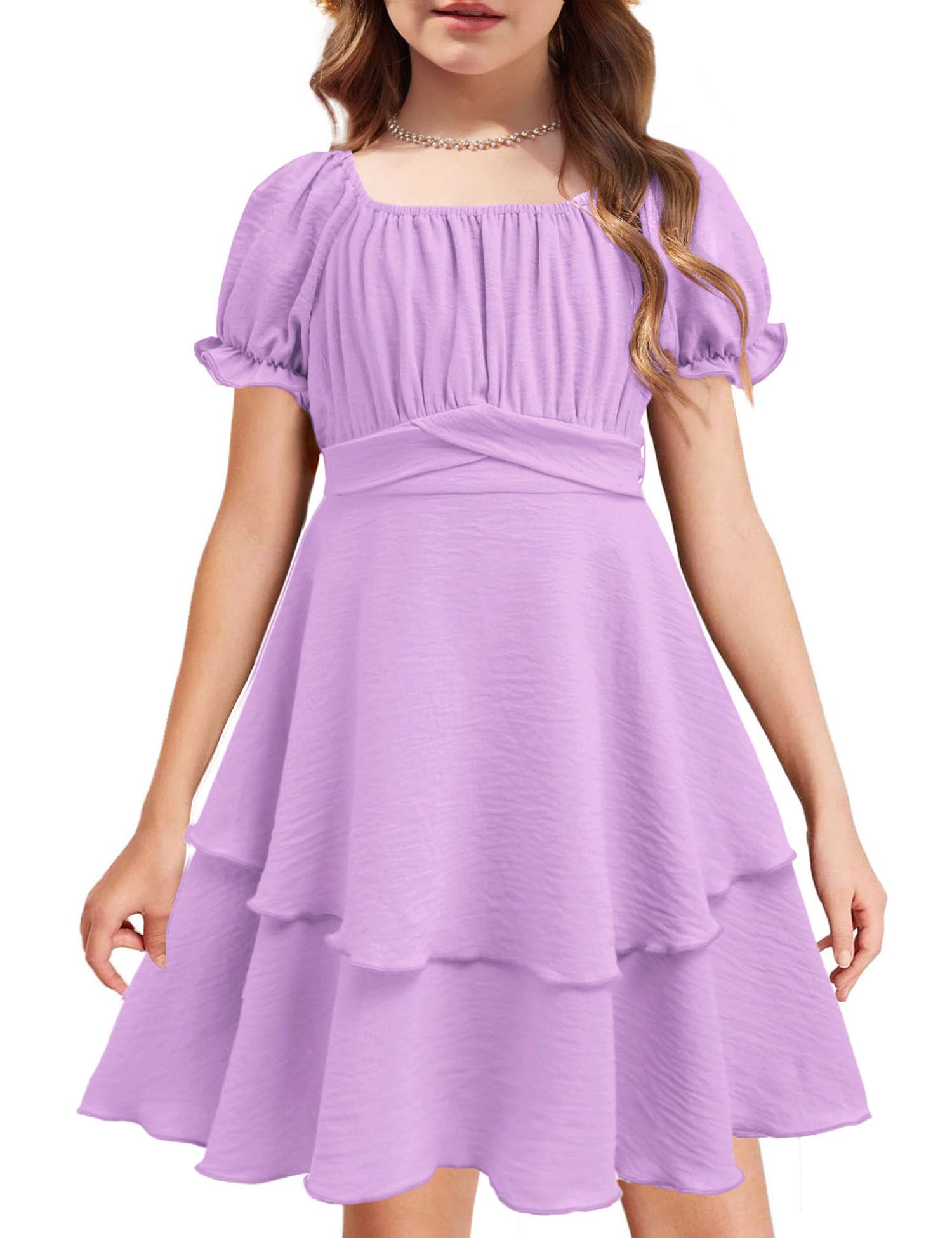 Photo 1 of Arshiner Girls Dresses Summer Short Sleeve Off Shoulder Ruffle Tiered Layer Party Dress Lilac Tween 12