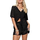 Saodimallsu Womens Crochet Swimsuit Coverup Sets Short Sleeve V Neck Button Tops Drawstring Shorts 2 Piece Beach Outfits