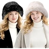 JenPen 2 Pcs Winter Furry Bucket Hat for Women Fluffy Faux Fur Bucket Hat Warmer Fisherman Cap Ladies Fluffy Snow Cap for Casual Trips Sports Skiing, Black and Beige-White