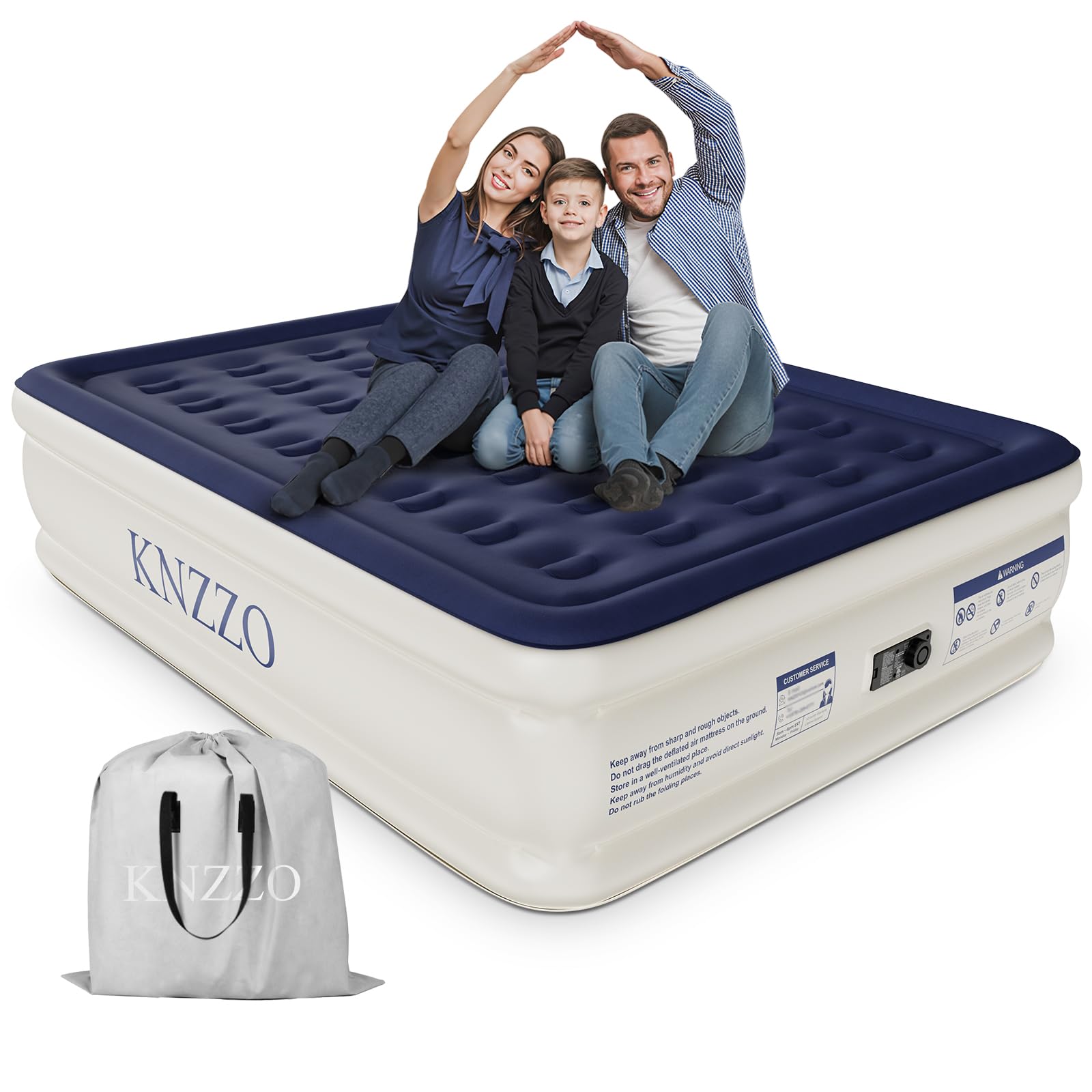 KNZZO Queen 15-Inch Top Flocked Air Mattress with Built-in Pump, Quick Inflation Airbed for Guests, Moving, Home Use, Portable Inflatable Mattress
