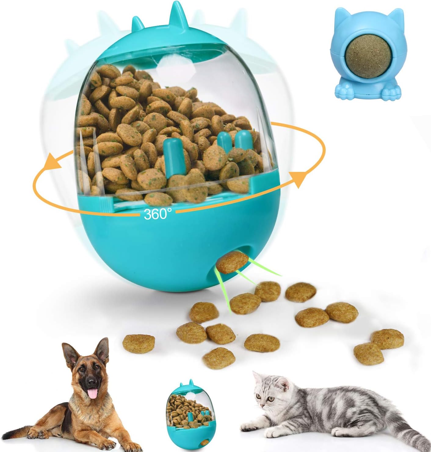 SIOMK Cat Treat Dispenser Toy, Dog Treat Toy Interactive Dog Toys, Pet IQ Treat Ball Adjustable, Cat Shaped Slow Feeder with Catnip, Dog Treat Dispensing Toy Tumbler Design