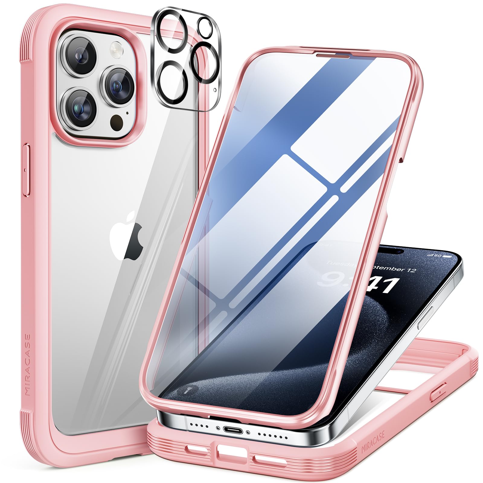 Miracase Glass Case for iPhone 15 Pro Max Case 6.7-Inch, Full Body Bumper Clear Back Cover and Built-in 9H Tempered Glass Screen Protector + Camera Lens Protector (Pink)