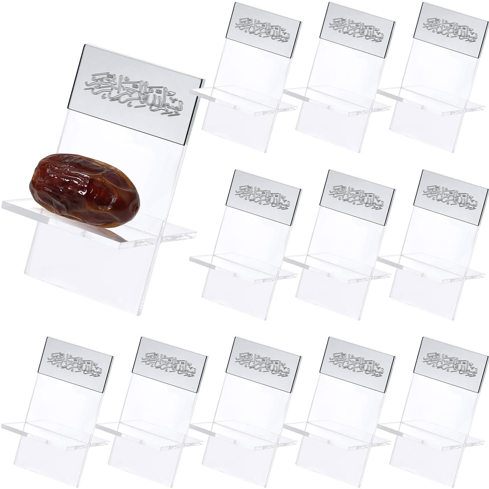 Photo 1 of Potchen 12 Pack Ramadan Date Holders Acrylic Glass Bismillah Islamic Calligraphy Date Stands Home Table Centrepiece Decorations for Eid Ul Fitr Fasting Ramazan Adha Gifts Party Favors(Modern,Silver)